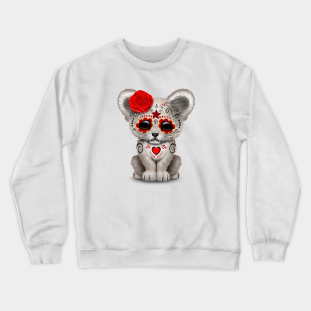 Red Day of the Dead Sugar Skull White Lion Cub Crewneck Sweatshirt by jeffbartels